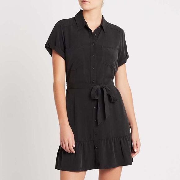 Paige Callan Black Button Front Short Sleeve Belted Pleated Hem Mini Dress Small - Picture 9 of 10